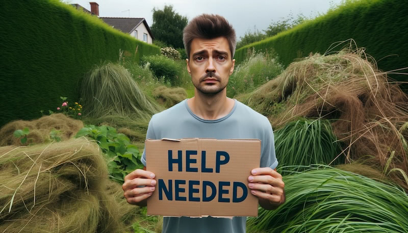 A man stands in his overgrown yard looking for help.
