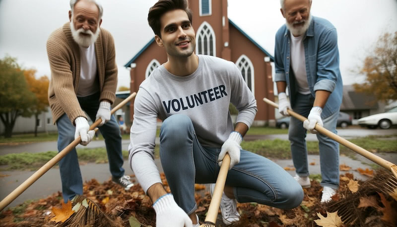 A young man helps two older men rake leaves outside of a church.